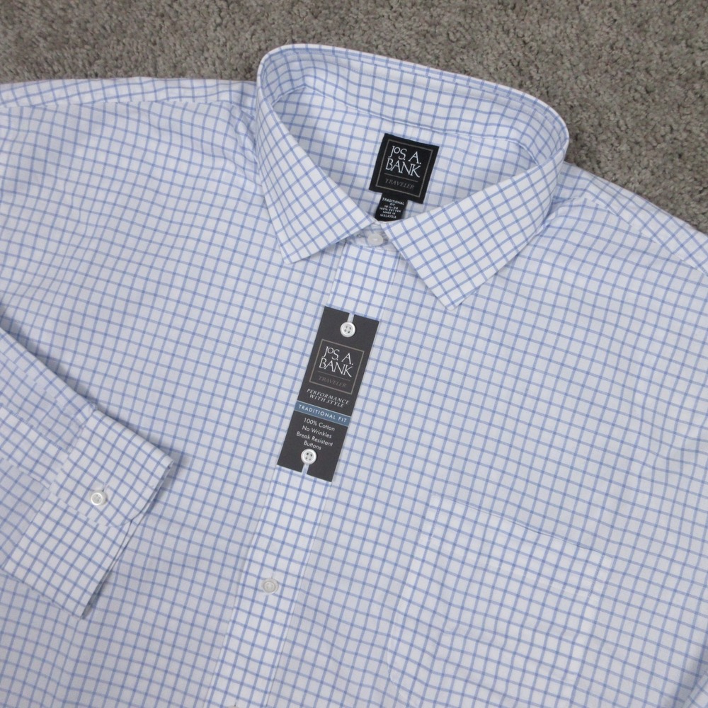 Jos A Bank Shirt Mens 2XL 18.5 34 White Blue Check Traveler‎ Dress Button Up NEW